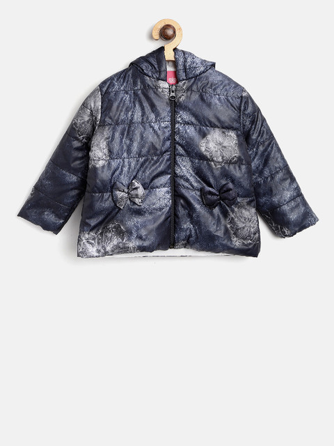 

Wingsfield Girls Navy Blue & Off-White Printed Hooded Padded Jacket