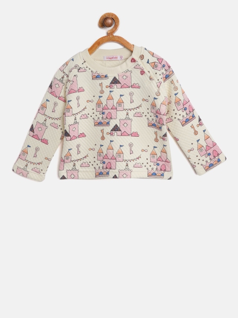 

Wingsfield Girls Cream-Coloured & Pink Printed Quilted Sweatshirt
