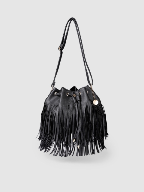 

Lino Perros Black Fringed Bucket Sling Bag cum Shoulder Bag