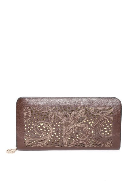 

Lino Perros Women Coffee Brown Printed Cut Work Zip Around Wallet