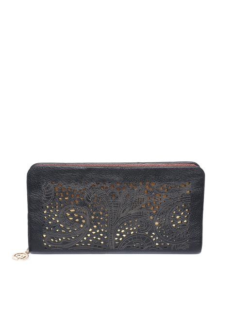 

Lino Perros Women Black Zip Around Wallet with Cut Work