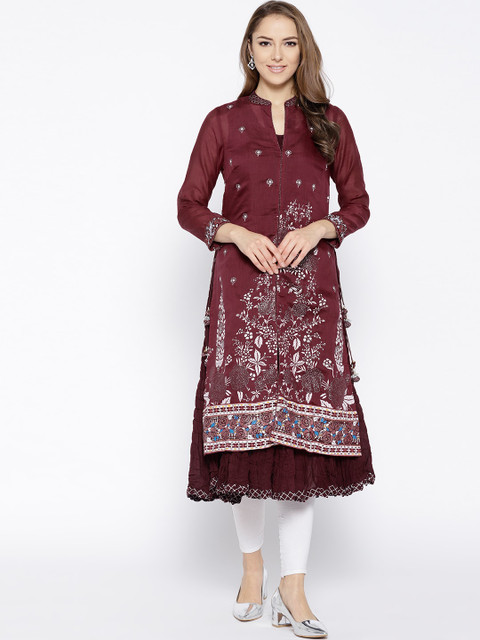 

Biba Women Burgundy & Off-White Printed A-Line Layered Kurta