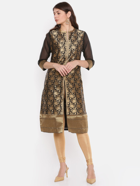 

Biba Women Black & Gold-Toned Woven Design Straight Kurta