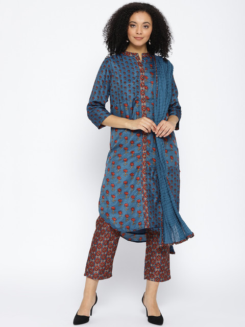 

Biba Women Teal Blue & Rust Brown Printed Kurta with Trousers & Dupatta