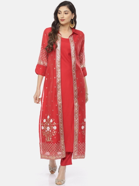

Biba Women Red Printed Layered Kurta with Trousers