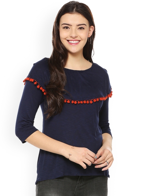

People Women Navy Blue Self Design Top