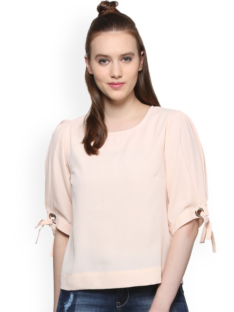 

People Women Peach Coloured Solid Puff Sleeves Top