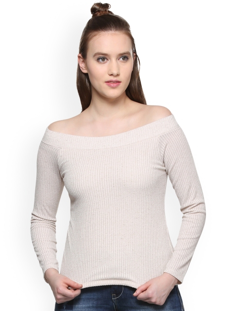 

People Women Beige Self Design Bardot Top