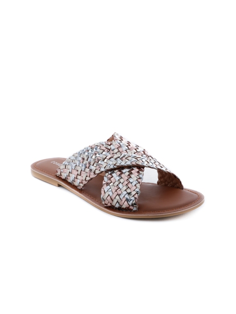 

London Rag Women Silver-Toned Woven Design Leather Open Toe Flats