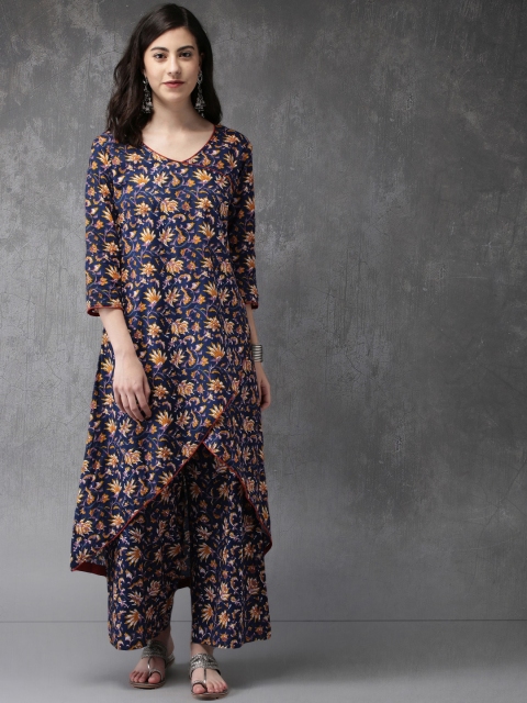 

Anouk Women Navy Blue & Mustard Yellow Printed Kurta with Palazzos
