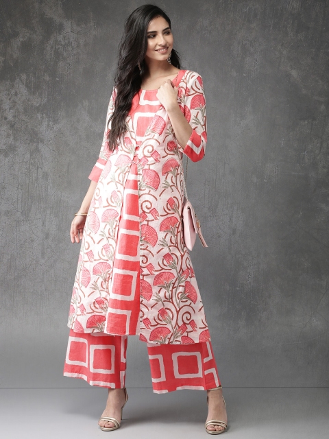 

Anouk Women Coral Pink & Off-White Printed A-Line Kurta With Palazzos