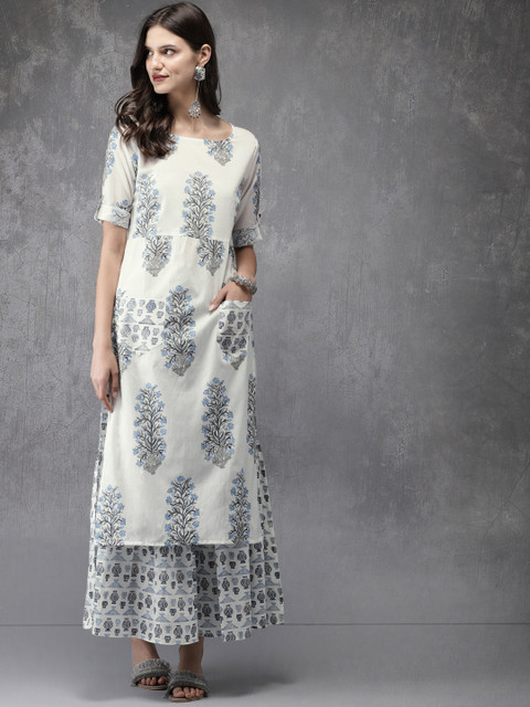

Anouk Women White & Blue Printed Kurta with Sharara