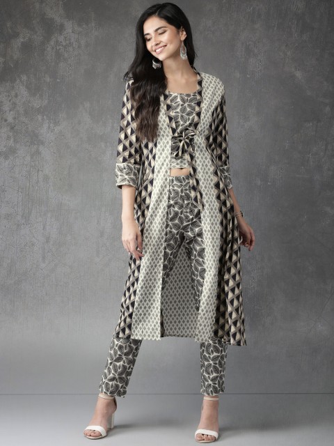 

Anouk Women Grey & Off-White Printed Fusion Crop Top With Trousers & Shrug