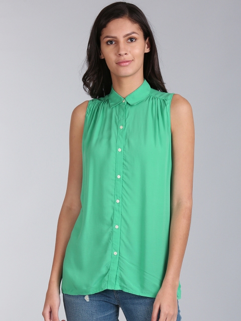 

GAP Women Green Sleeveless Shirred Shirt