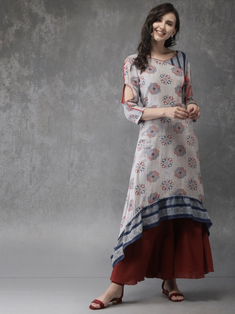 

Anouk Women White & Navy Blue Block Print A-Line Kurta