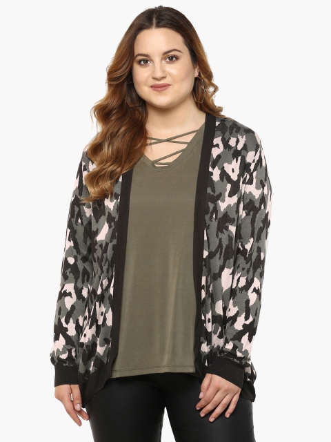 

nexus Plus Size Grey Off-White Camouflage Printed Open Front Shrug