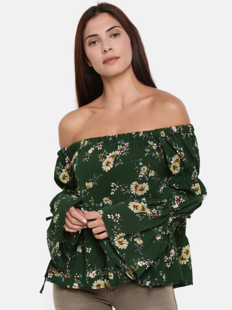 

CODE by Lifestyle Women Green Printed Bardot Top