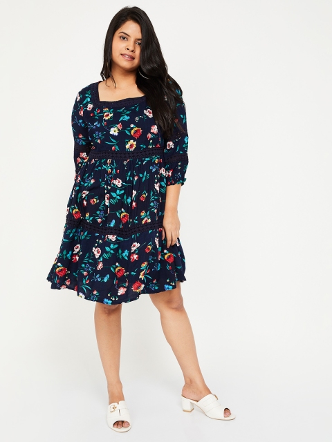 

nexus Plus Size Women Printed Navy Blue Red Fit and Flare Dress