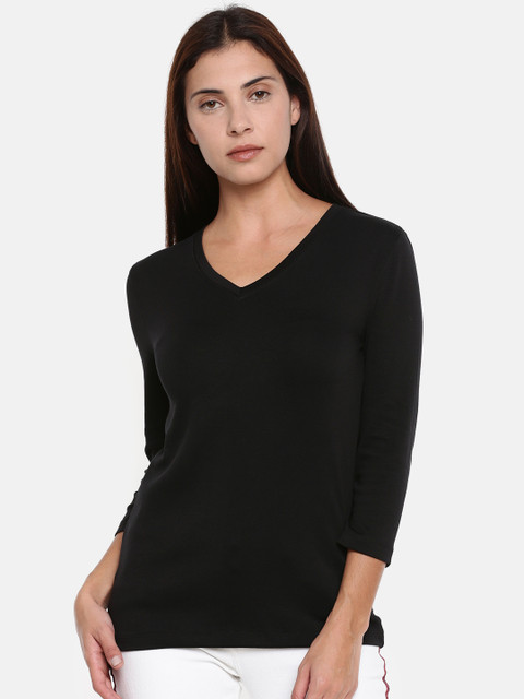 

Fame Forever by Lifestyle Women Black Solid V-Neck T-shirt