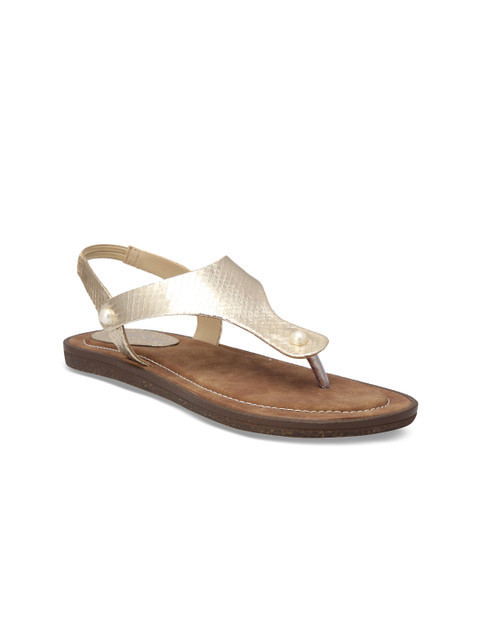 

pelle albero Women Gold-Toned Solid Synthetic T-Strap Flats