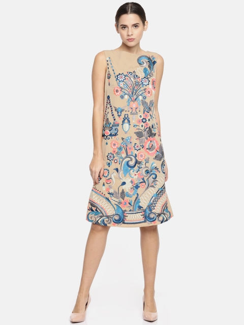 

Wills Lifestyle Women Beige Self Design Embroidered Sheath Dress