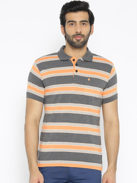 

Oxemberg Men Orange & Grey Striped Polo Collar T-shirt