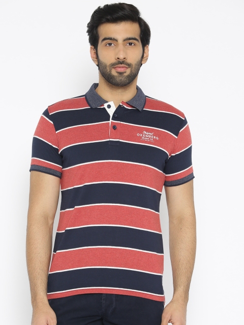 

Oxemberg Men Rust Red & Navy Blue Striped Polo Collar T-shirt