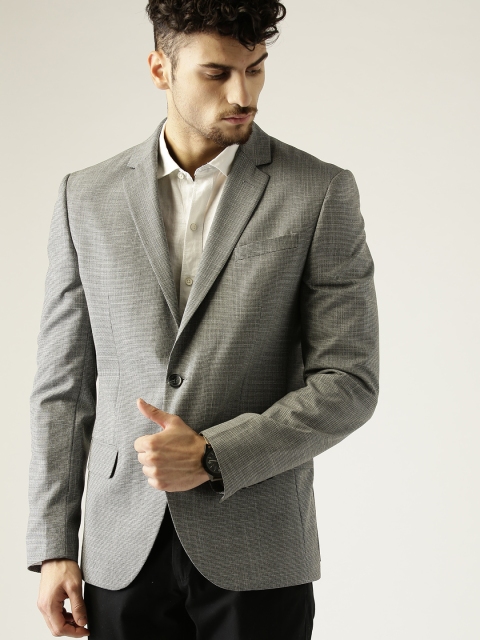 

United Colors of Benetton Men Grey Checked Single-Breasted Casual Blazer
