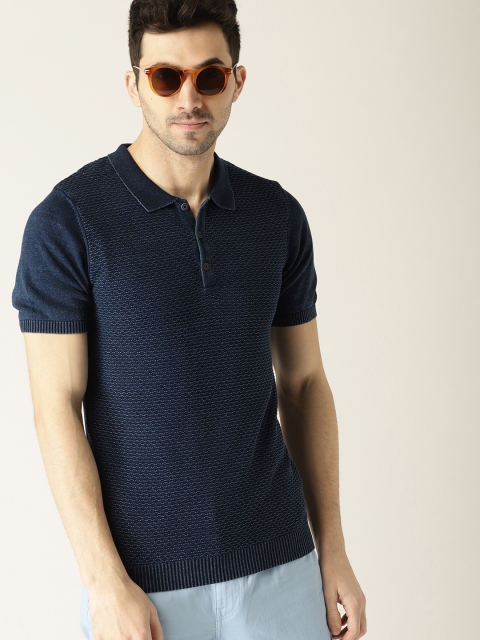 

United Colors of Benetton Men Navy Blue Self Design Polo Collar T-shirt