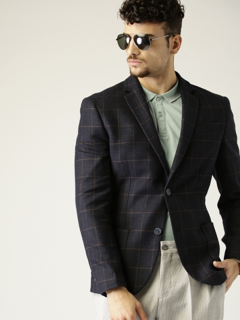 

United Colors of Benetton Men Navy Blue Checked Single-Breasted Casual Blazer