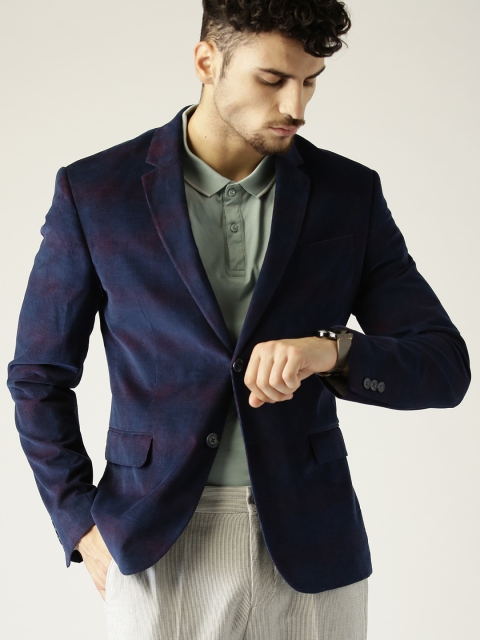

United Colors of Benetton Men Blue Self Design Single-Breasted Casual Pure Cotton Blazer