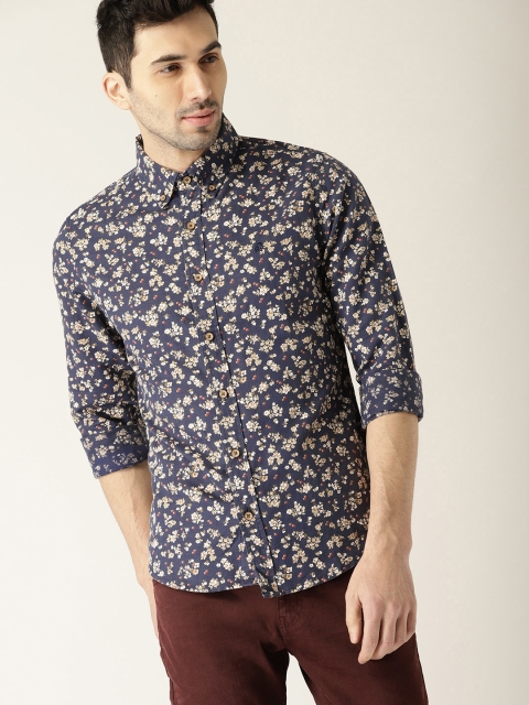 

United Colors of Benetton Men Navy & Beige Slim Fit Printed Casual Shirt, Navy blue