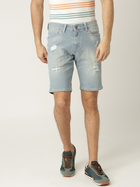 

United Colors of Benetton Men Blue Washed Distressed Slim Fit Denim Shorts