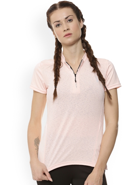 

Campus Sutra Women Peach-Coloured Printed Mandarin Collar Anti Odour T-shirt