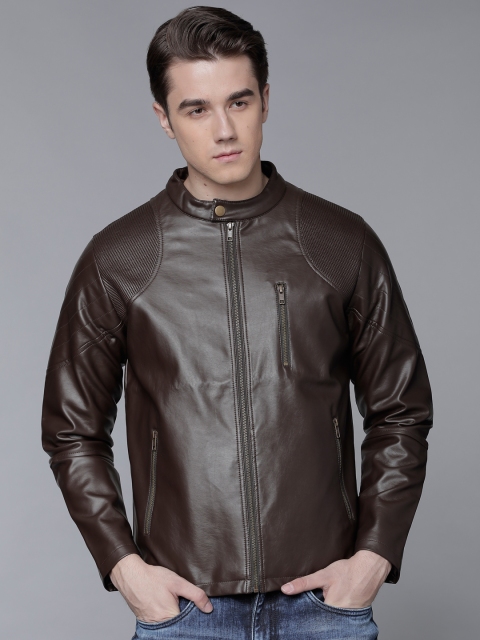 

LOCOMOTIVE Men Coffee Brown Solid Biker Jacket