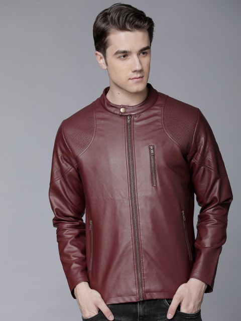 

LOCOMOTIVE Men Burgundy Solid Biker Jacket