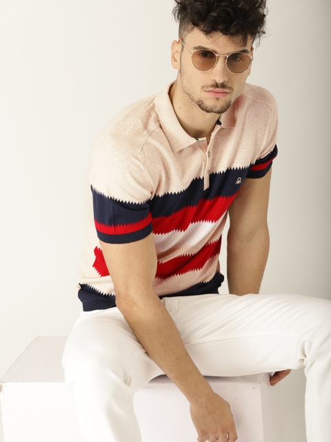 

United Colors of Benetton Men Beige Striped Polo Collar T-shirt
