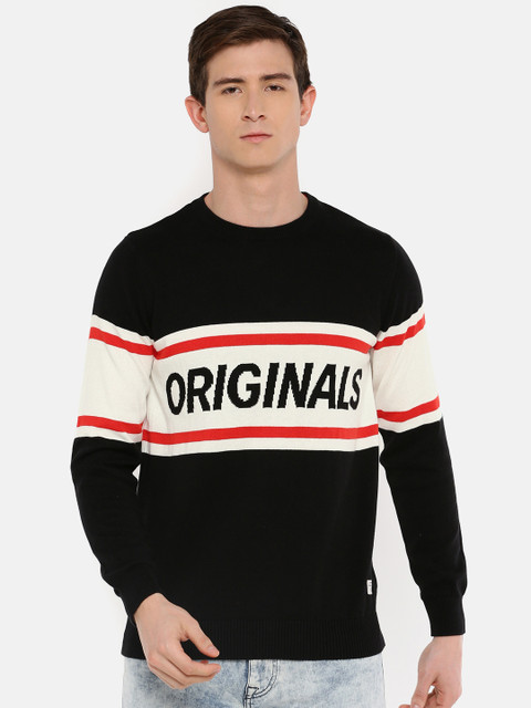 

Jack & Jones Men Black & White Self Design Sweater