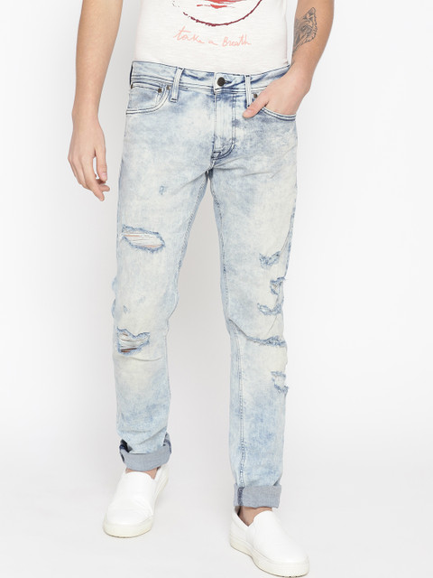 

Jack & Jones Men Blue Glenn Slim Fit Mid-Rise Highly Distressed Bleached Stretchable Jeans