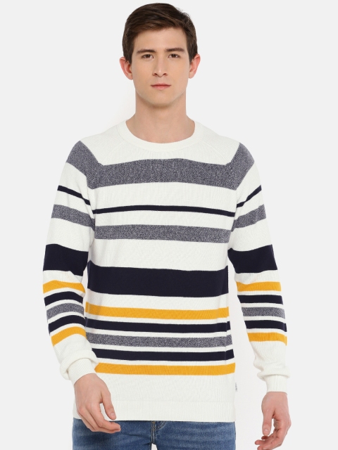 

Jack & Jones Men White & Navy Blue Striped Pullover Sweater