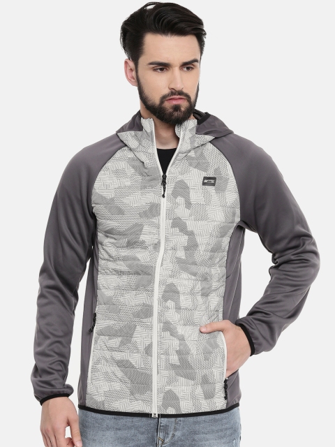 

Jack & Jones Men Charcoal Grey & Off White Printed Puffer Jacket