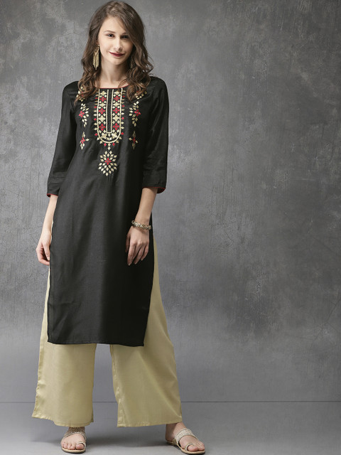 

Anouk Women Black & Beige Embroidered Kurta with Palazzos