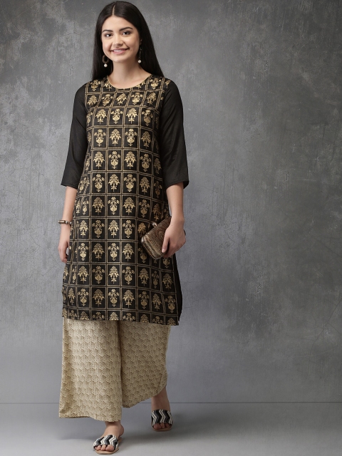 

Anouk Women Black & Beige Printed Kurta with Palazzos