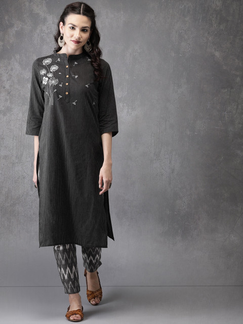 

Anouk Women Black & Grey Striped Kurta with Trousers