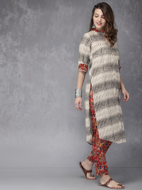 

Anouk Women Off-White & Red Printed Kurta with Trousers