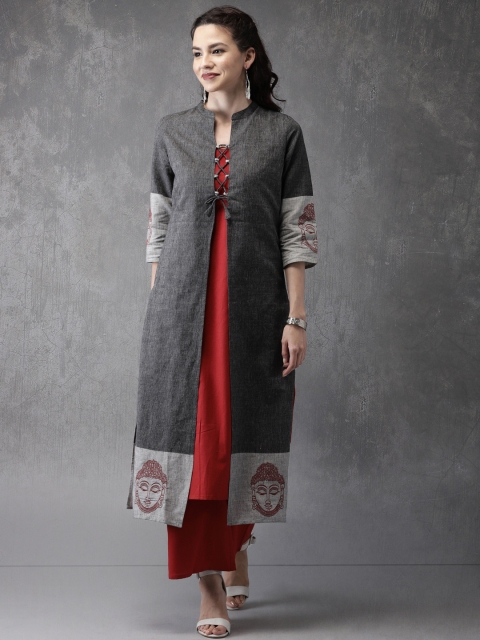 

Anouk Women Charcoal Grey & Red Solid Kurta with Palazzos