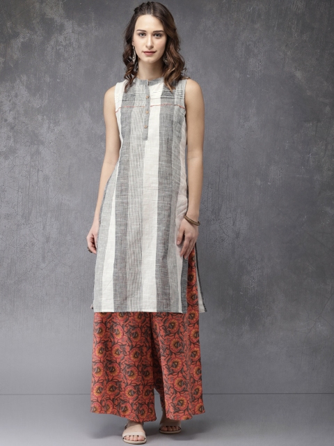 

Anouk Women Off-White & Peach-Coloured Striped Kurta with Palazzos