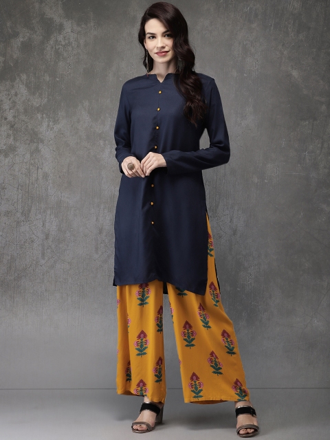 

Anouk Women Navy Blue & Mustard Solid Kurta with Palazzos