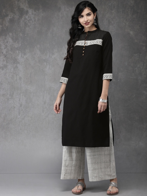 

Anouk Women Black & Off-White Yoke Design Kurta with Palazzos