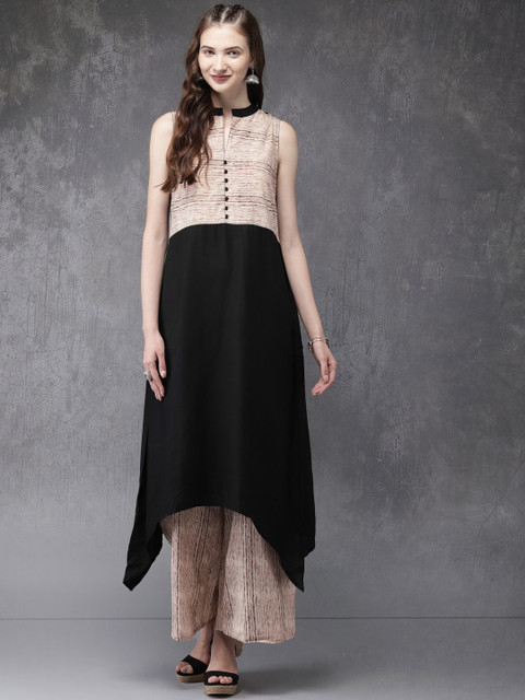 

Anouk Women Black & Beige Colourblocked Kurta with Palazzos